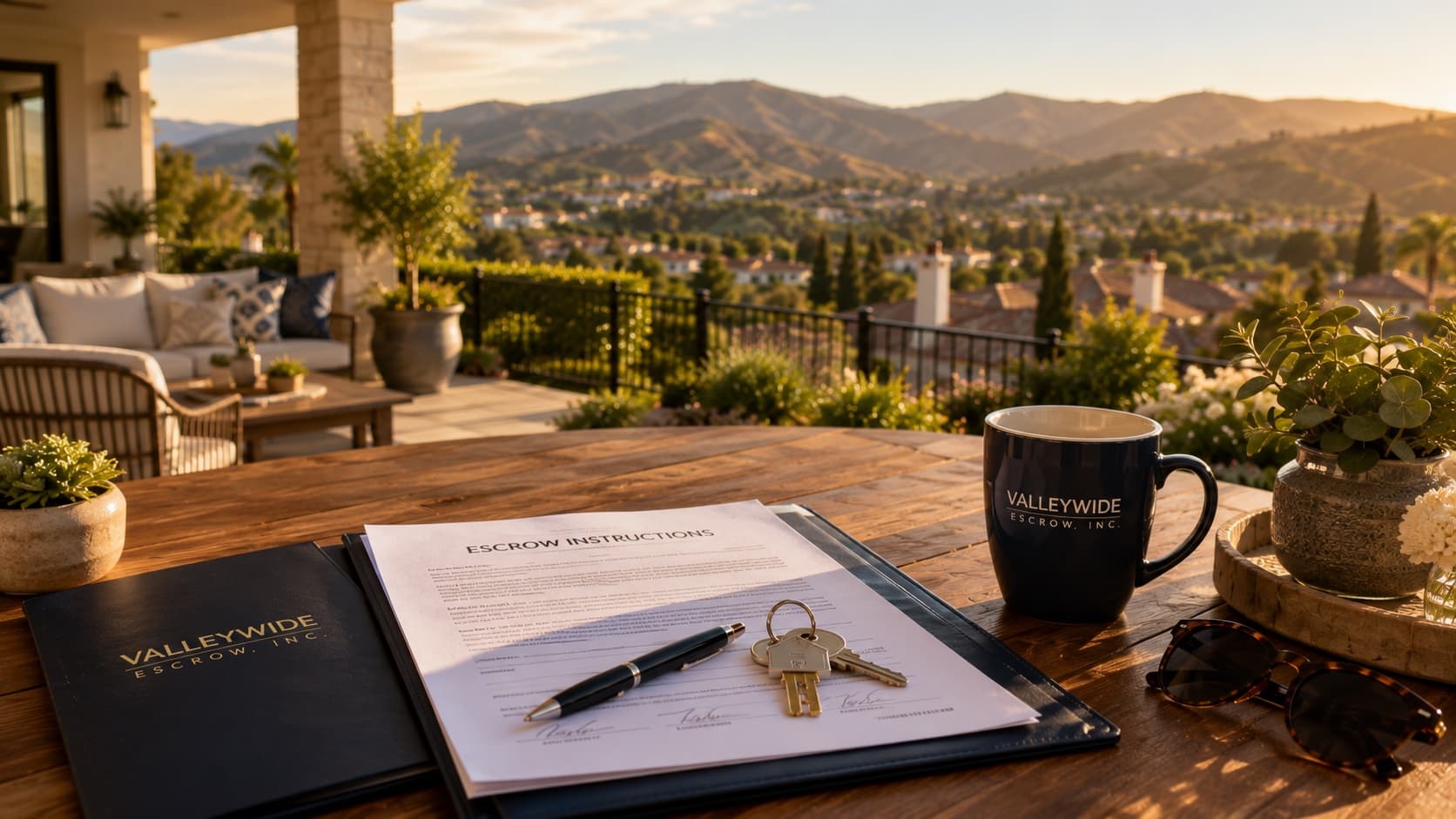 Signed escrow instructions with the new house keys, pen, and a Valleywide Escrow mug on a patio table overlooking the Santa Clarita Valley