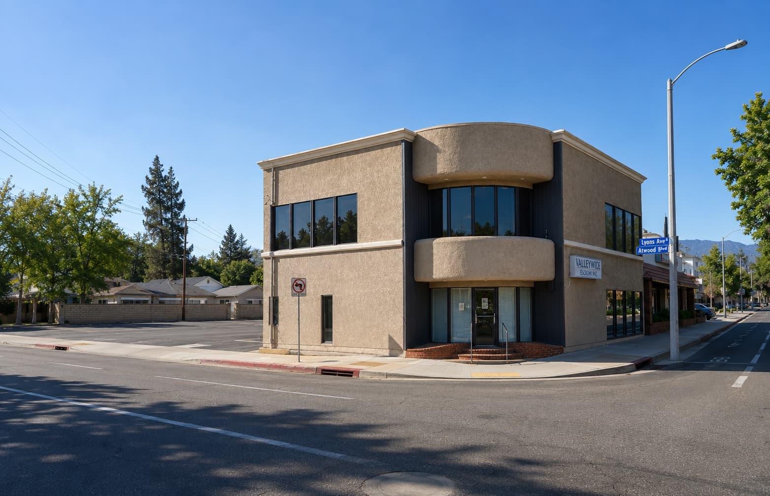 Valleywide Escrow's office at the corner of Lyons Avenue and Atwood Boulevard in Santa Clarita