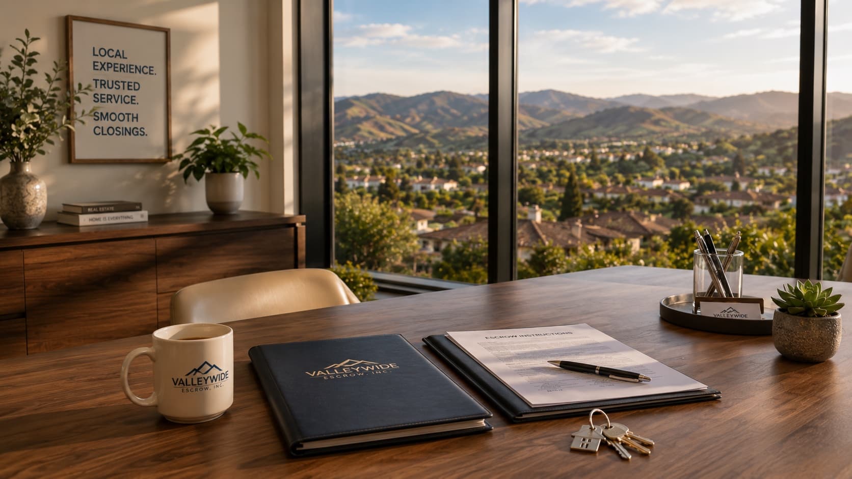 A desk with signed escrow instructions, a Valleywide Escrow mug and folder, and new house keys, overlooking the Santa Clarita Valley